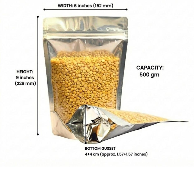 Transparent Stand-Up Zipper Pouch with Silver Back & Bottom Gusset