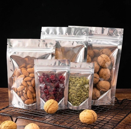 Transparent Stand-Up Zipper Pouch with Silver Back & Bottom Gusset